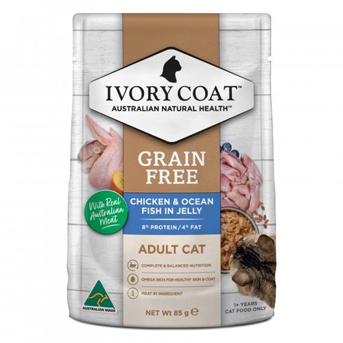 Ivory Coat Grain Free Adult Cat Pouch Wet Food Chicken And Ocean Fish In Jelly 85g X 12 Pouches